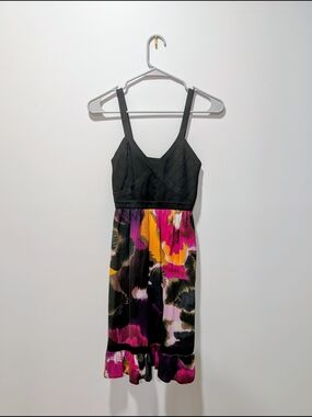 Bebe Black Bodice Multi-Color Floral Midi Dress
